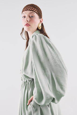 Draped Balloon Sleeve Dress With Adjustable Waist Soft Green