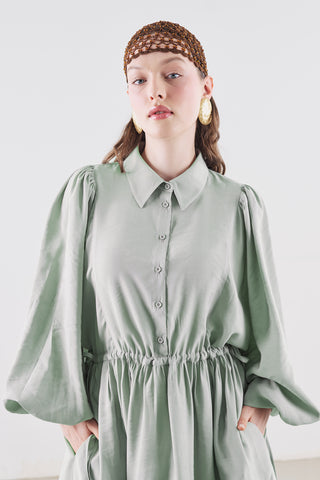 Draped Balloon Sleeve Dress With Adjustable Waist Soft Green