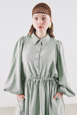 Draped Balloon Sleeve Dress With Adjustable Waist Soft Green