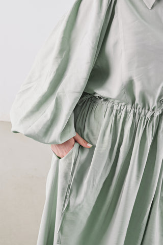 Draped Balloon Sleeve Dress With Adjustable Waist Soft Green
