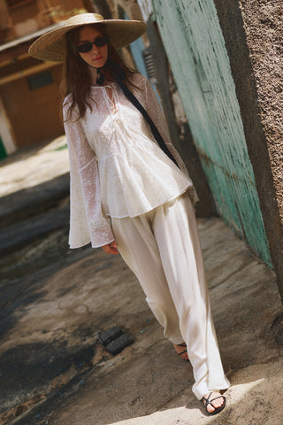 Linen Blend Pleated Trousers Ecru