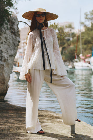 Linen Blend Pleated Trousers Ecru