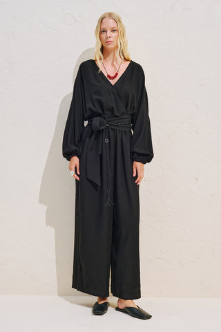 Linen Blend Jumpsuit With Adjustable Waist Black