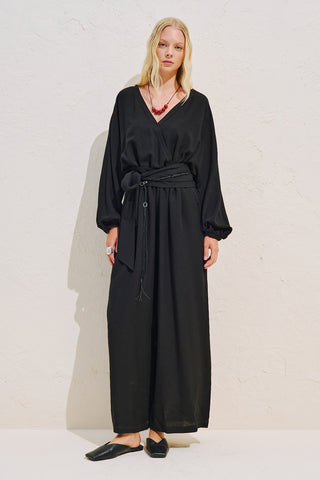 Linen Blend Jumpsuit With Adjustable Waist Black