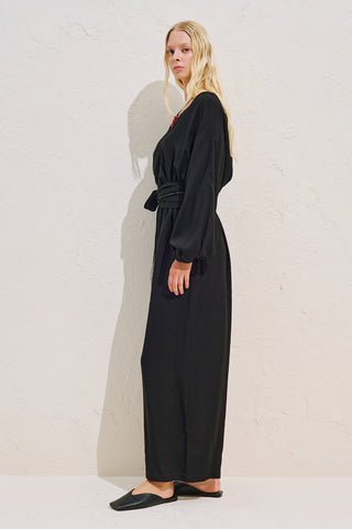 Linen Blend Jumpsuit With Adjustable Waist Black