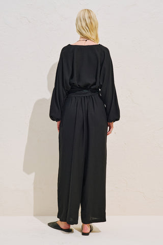 Linen Blend Jumpsuit With Adjustable Waist Black