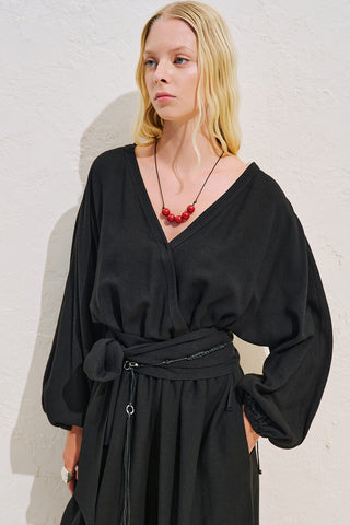 Linen Blend Jumpsuit With Adjustable Waist Black