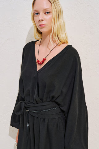 Linen Blend Jumpsuit With Adjustable Waist Black