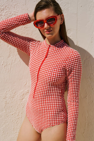 Checked Racerback Swimsuit Red Plaid