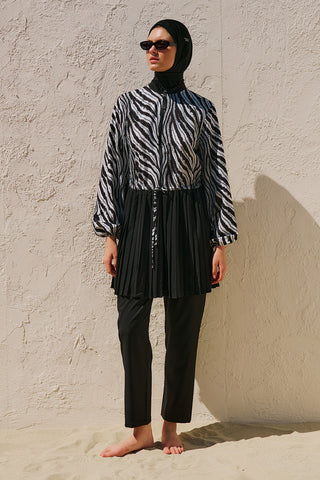 Pleated Printed Modest Swim Set Zebra