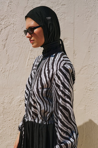 Pleated Printed Modest Swim Set Zebra