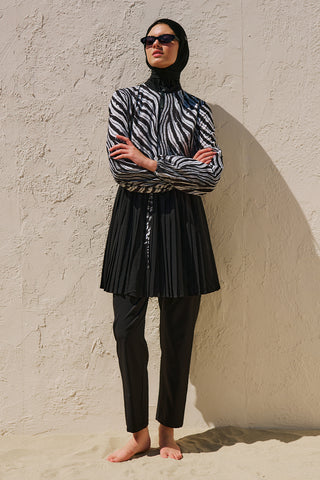 Pleated Printed Modest Swim Set Zebra