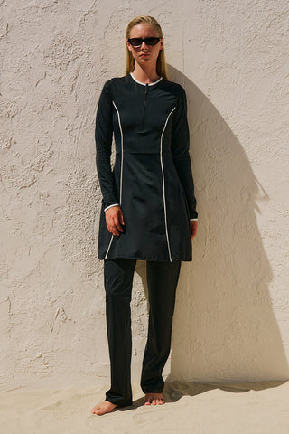 Striped Trim Swim Dress Black