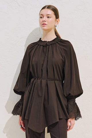 Lace Sleeve Edition Blouse Dark Brown