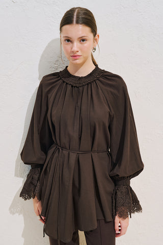 Lace Sleeve Edition Blouse Dark Brown