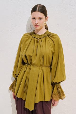 Lace Sleeve Edition Blouse Olive Green