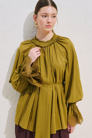 Lace Sleeve Edition Blouse Olive Green