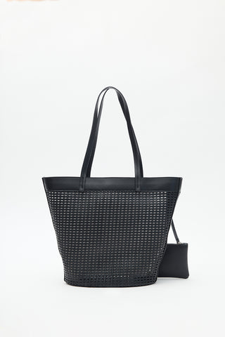 Ira Woven Leather Bucket Bag Black