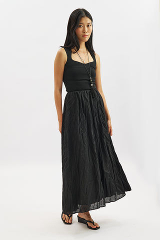 Linen Blend Crinkled Skirt Black