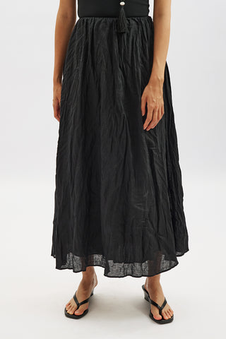 Linen Blend Crinkled Skirt Black