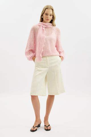 Tie Neck Pointelle Sweater Pink