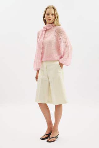 Tie Neck Pointelle Sweater Pink