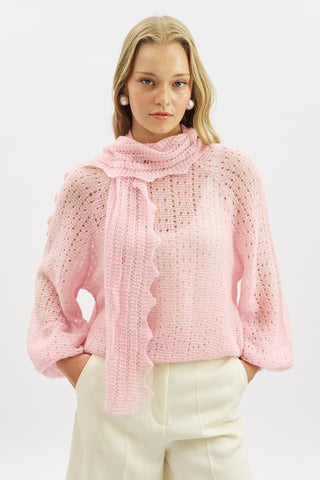 Tie Neck Pointelle Sweater Pink
