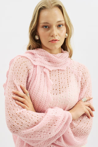 Tie Neck Pointelle Sweater Pink