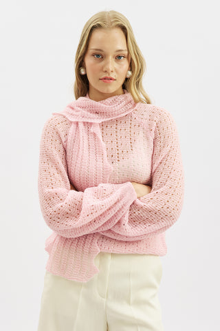 Tie Neck Pointelle Sweater Pink