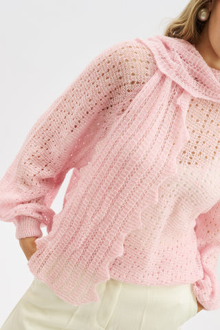 Tie Neck Pointelle Sweater Pink