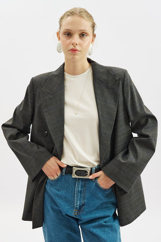 Double-Breasted Checked Blazer Grey