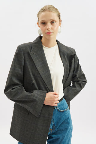 Double-Breasted Checked Blazer Grey