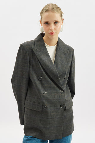 Double-Breasted Checked Blazer Grey