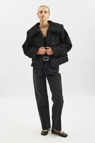 Short Faux Fur Buttoned Coat Black