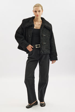 Short Faux Fur Buttoned Coat Black