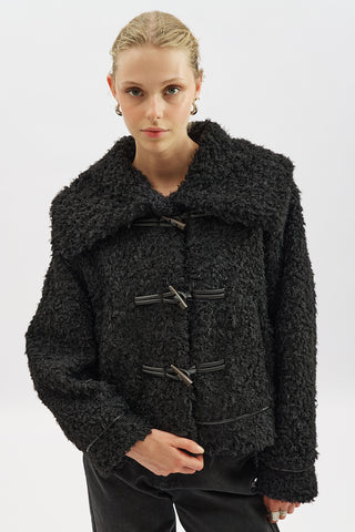 Short Faux Fur Buttoned Coat Black