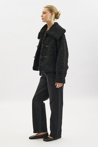 Short Faux Fur Buttoned Coat Black