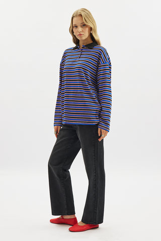 Striped Polo Collar Sweatshirt Blue