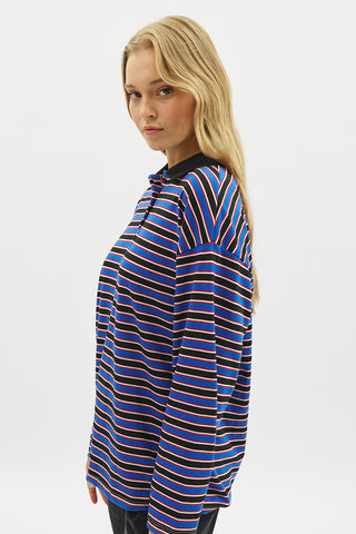 Striped Polo Collar Sweatshirt Blue