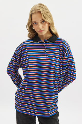 Striped Polo Collar Sweatshirt Blue