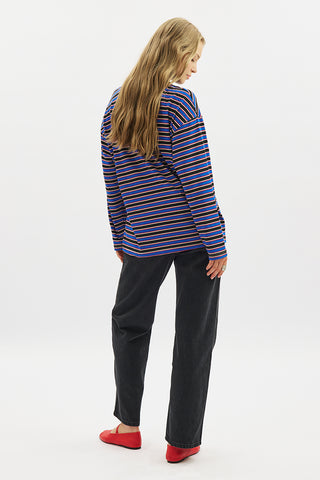 Striped Polo Collar Sweatshirt Blue