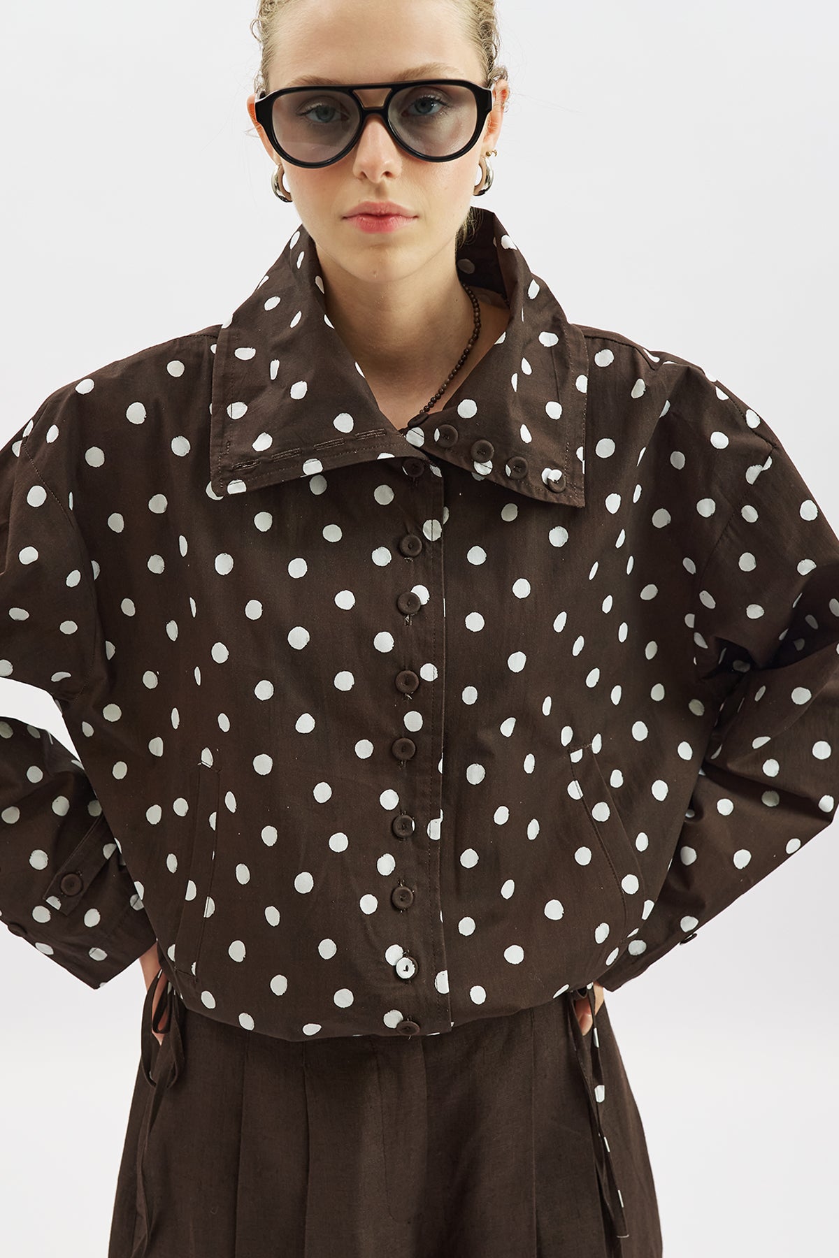 High-Neck Detail Shirt Polka Dots Brown