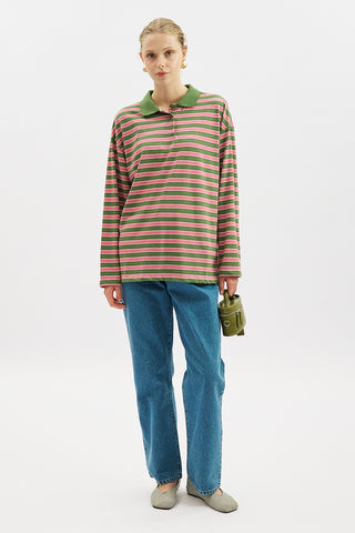 Striped Polo Collar Sweatshirt Pink