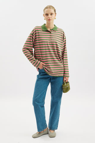 Striped Polo Collar Sweatshirt Pink
