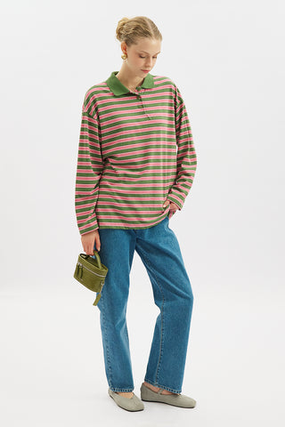 Striped Polo Collar Sweatshirt Pink