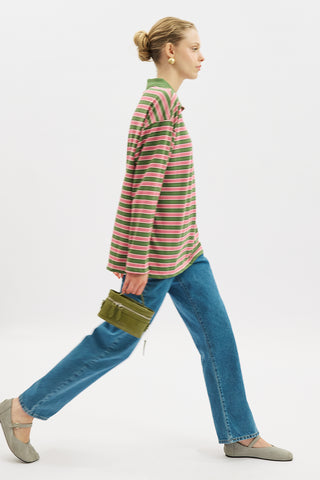 Striped Polo Collar Sweatshirt Pink