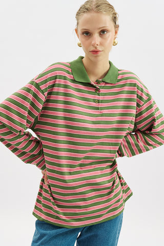 Striped Polo Collar Sweatshirt Pink