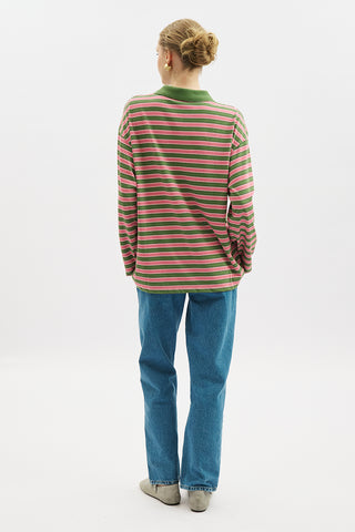 Striped Polo Collar Sweatshirt Pink