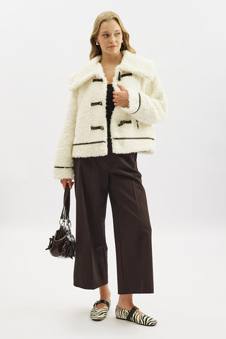Short Faux Fur Buttoned Coat Ecru