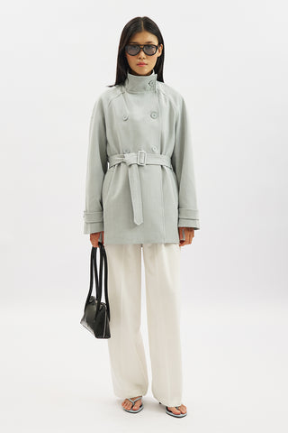High Neck Belted Trench Coat Blue